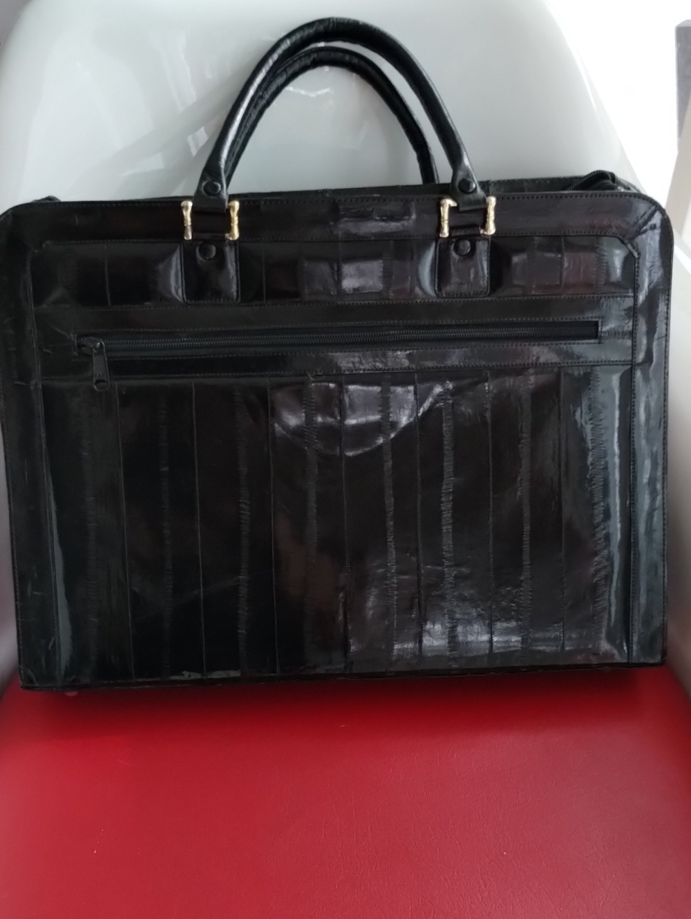 Black Patent Eel Skin Structured Briefcase Tote